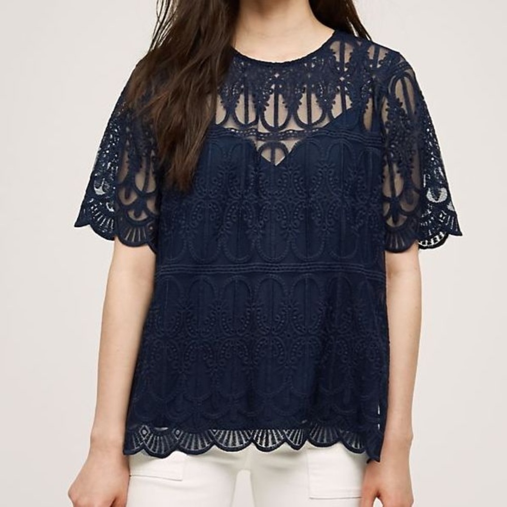 NWT Anthropologie Marka Lace Tee in Navy